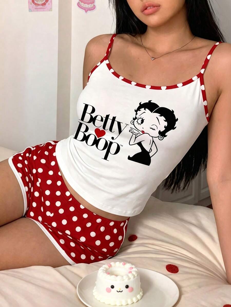 SHEIN X Betty Boop 聯名吊帶背心和短褲休閒套裝,設計中融入聯名元素,充滿活力,展現夏日優雅風範。 - 彩色 - 查看 1