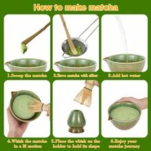 Complete Matcha Tea Set – 7-Piece Kit With Ceramic Bowl, Bamboo Whisk, Holder, Spoon, Stainless Steel Sieve, Rest & Cloth – Traditional Japanese Ceremony Accessory For Tea Lovers - Lime Green - View 2
