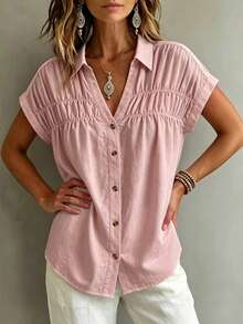 優雅休閒夏季女款白色襯衫,通勤風,翻領短袖上衣,胸前抓皺設計,百搭時尚粉色 - 粉色 - 查看 5