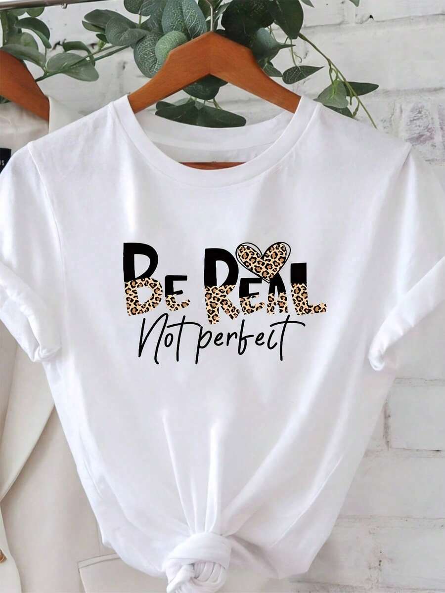 Talla Grande - Talla Grande - Camiseta de Mujer con Estampado Gráfico "Be Real Not Perfect", Manga Corta, Cuello Redondo, Estilo Casual para Verano y Primavera, Ropa de Mujer - Blanco - Ver 1