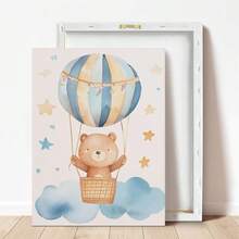 1 pièce, Décoration murale pour chambre de bébé sur canevas encadrée, Ours en peluche dans une montgolfière, Mignon petit ours brun montant dans une montgolfière rayée bleu et blanc, Thème d'aventure dans le ciel de style neutre pour décoration murale de chambre de bébé, Impression d'art prête à accrocher, Convient pour chambre de tout-petits, salle de jeux, Cadeau idéal pour baby shower, Cadeau pour passionné de voyage d'ours, Décoration d'accent pour chambre d'enfants, Décoration de maternelle, Cadeau pour enfants, Décoration de fête, Affiche imperméable - Multicolore - Voir 5