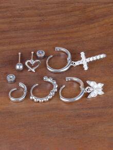 6PCS Cross Dangle Earrings For Women Stainless Steel Heart-Shaped Zirconia Spiral Ear Stud Fashion Temperament Aesthetic Jewelry - 6PCS-silver - View 3