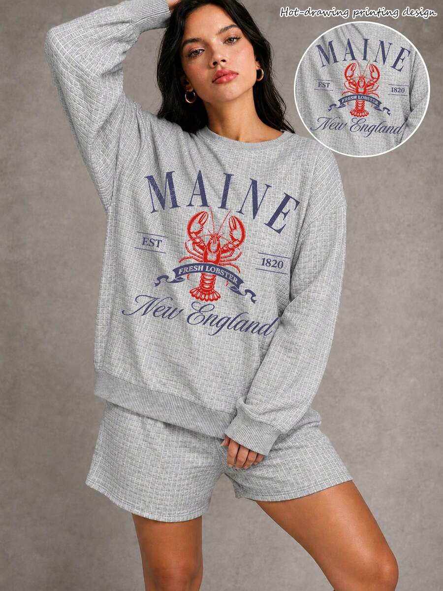 Women's Plus Size 2-Piece Set - Autumn Loose Waffle Knit Sweatshirt And Elastic Waist Shorts - Home Casual Daily Wear Elegant - Grey - View 1