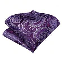 4 Stücke Herren-Ascot-Krawatten-Set in tiefem Violett-Lila mit Einstecktuch und Manschettenknöpfen, Nackensegment für große Empfänge, Abschlussbälle und als Geschenk für Herren - Violett - Übersicht 3