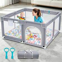 Baby Playpen,Portable Playground,Baby Gate Fence With Soft Breathable Mesh&Anti-Slip Base,Indoor And Outdoor,Baby Playen Activity Center,Newborn Gift - 灰色 - 查看 1