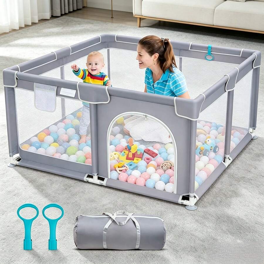 Baby Playpen,Portable Playground,Baby Gate Fence With Soft Breathable Mesh&Anti-Slip Base,Indoor And Outdoor,Baby Playen Activity Center,Newborn Gift - 灰色 - 查看 1