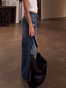 Calça Longa Feminina Estilo Street Europeu & Americano, Solta, Resistente, Desgastada, Rasgada, Cintura Baixa, Cinto Dobrado, Vintage Azul, Comprimento até o Chão, Perna Larga, Outono - Azul - Visão 6