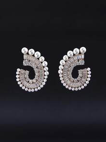 1 paire de boucles d'oreilles pendantes de luxe géométriques avec CZ 5A & perles fausses, monture en cuivre, pour mariage & robes de soirée, fêtes - Superbes boucles d'oreilles - Voir 10