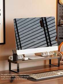 1pc Computer Monitor Stand, Laptop Cooling Stand, Space-Saving Desktop Organizer, Sturdy And Durable, Desktop Monitor Height Adjuster, Suitable For Gaming Room, Office, Bedroom, Home Decor - Brown - View 2