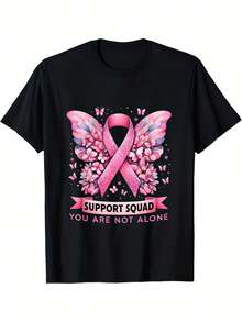 Camiseta unisex, Camiseta del Equipo de Apoyo y Concientización sobre el Cáncer de Mama - Camiseta unisex de cuello redondo con lazo rosa y diseño de guerrero, suave y transpirable, blusas p - Negro - Ver 1