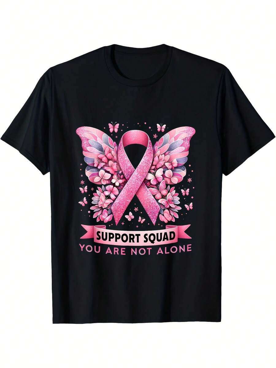 Camiseta unisex, Camiseta del Equipo de Apoyo y Concientización sobre el Cáncer de Mama - Camiseta unisex de cuello redondo con lazo rosa y diseño de guerrero, suave y transpirable, blusas p - Negro - Ver 1