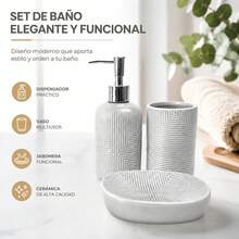 Dreiteiliges Badezimmer-Set aus weißer Keramik mit geometrischer Struktur. Bestehend aus Seifenspender, Zahnbürstenhalter und wasserfester Seifenschale. Leicht zu reinigen und im modernen, minimalistischen Design. Ideal für die Organisation Ihres Waschbeckens, als stilvolles Badezimmeraccessoire und als tolles Einzugsgeschenk. - Weiss - Übersicht 9