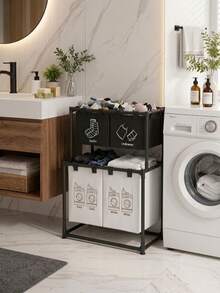 Modern Minimalist Metal Heavy Duty 4 Bag 2-Tier Laundry Basket,With Socks Underwear Sorting Labels, Large Dirty Clothes Storage Bin Organizer,For Dorm Room Essentials College,Laundry Room Accescories,Cruise Essential,Beach Laundry Room Accescories. - 黑與白 - 查看 2