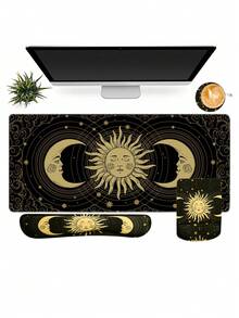 黑金日月桌墊套組－大尺寸星空占星電競滑鼠墊，附鍵盤與滑鼠手腕墊，防滑防水加長桌墊，復古神秘設計，適用居家辦公室 - 查看 1