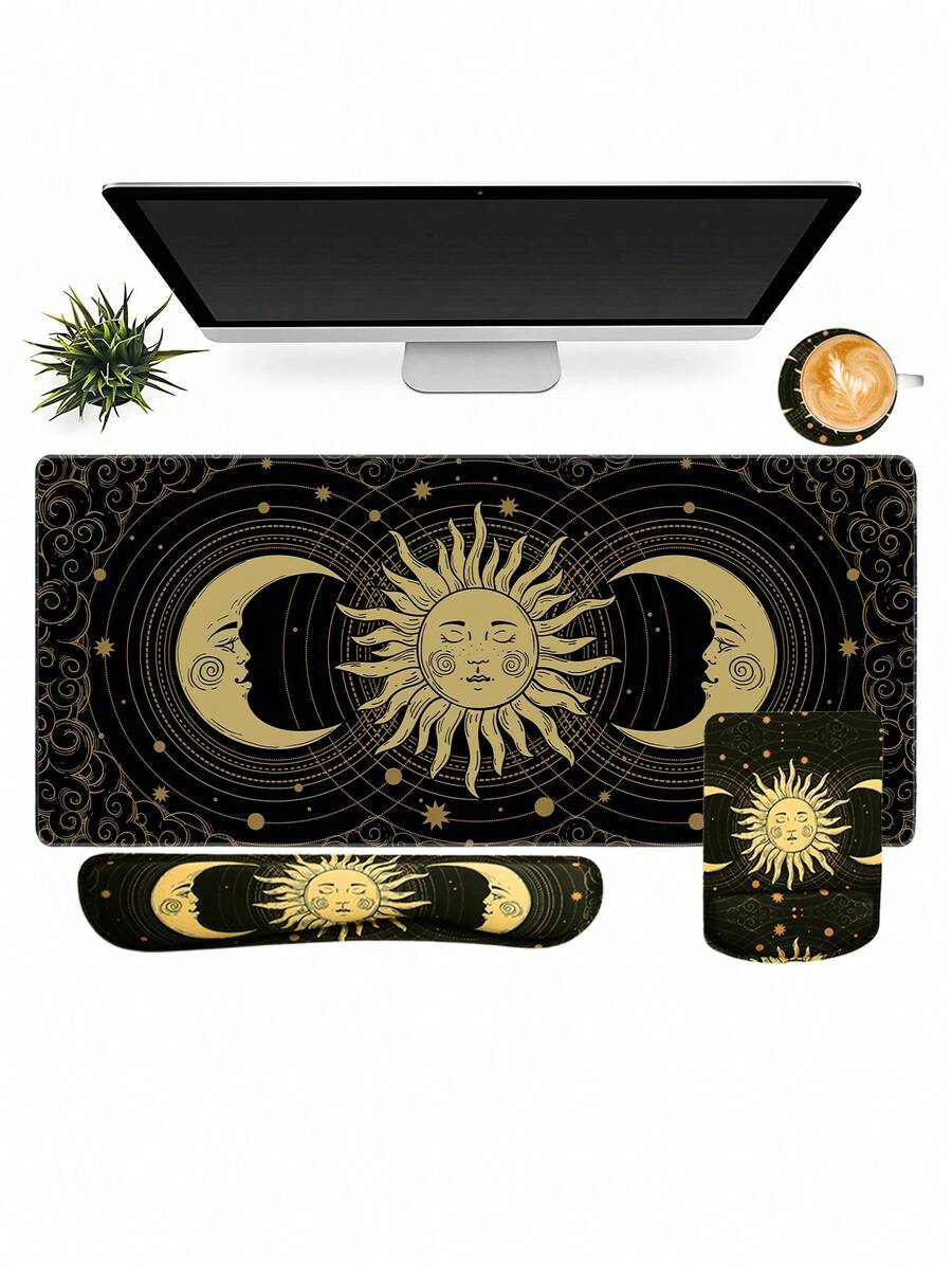 黑金日月桌墊套組-大尺寸星空占星電競滑鼠墊,附鍵盤與滑鼠手腕墊,防滑防水加長桌墊,復古神秘設計,適用居家辦公室 - 查看 1