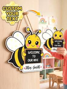 1件個性化自定義文字蜜蜂主題教師門掛飾牌，卡通「Welcome To Our Hive」木製裝飾牌，易掛麻繩設計，返校季，給早期教育者的節日禮物，學校教室托兒所牆面門飾 - 彩色 - 查看 2