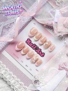 10pcs Handmade Almond-Shaped Classic French Pressed Flower False Nails, Sweet Nude Pink And White Polka Dot, Handmade 3D White Flower Decoration, Suitable For Party, Dance, Daily Wear, Comes With Tool Set, Perfect Gift For Women And Girls - Pink - View 6