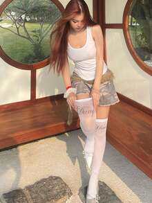 Y2K Street Style Handwritten Letter Print Sheer Thigh-High Socks, Side Contrast Color Line See-Through Over-The-Knee Socks, Suitable For High Heels And Mini Skirts - White - View 7