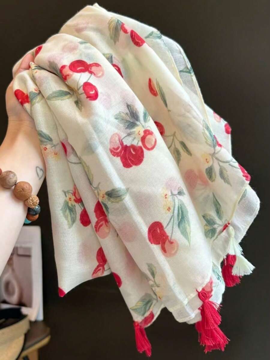 1件新款甜美愛心流蘇女款圍巾,薄款春夏防曬披肩,適合旅行、海灘與冷氣房使用 - 米色 - 查看 1