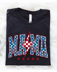 "American Mama" T-Shirt, 4th Of July Pregnancy Announcement T-Shirt, Red, White, And Blue T-Shirt For Mom, Patriotic Gift For Mom, New Mom Outfit For Independence Day - 黑色 - 查看 1