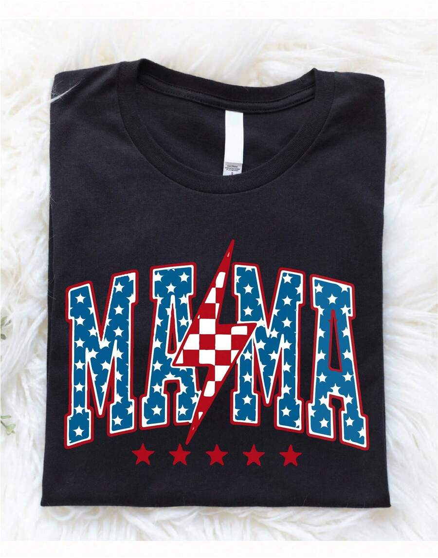 "American Mama" T-Shirt, 4th Of July Pregnancy Announcement T-Shirt, Red, White, And Blue T-Shirt For Mom, Patriotic Gift For Mom, New Mom Outfit For Independence Day - 黑色 - 查看 1