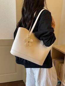 Women's Solid Color PU Large Capacity Tote Bag, Shoulder Bag, Casual Bohemian Handbag With Chain Strap, Suitable For Work, School, Travel, Fashionable Cute Floral Accessory - White - View 8