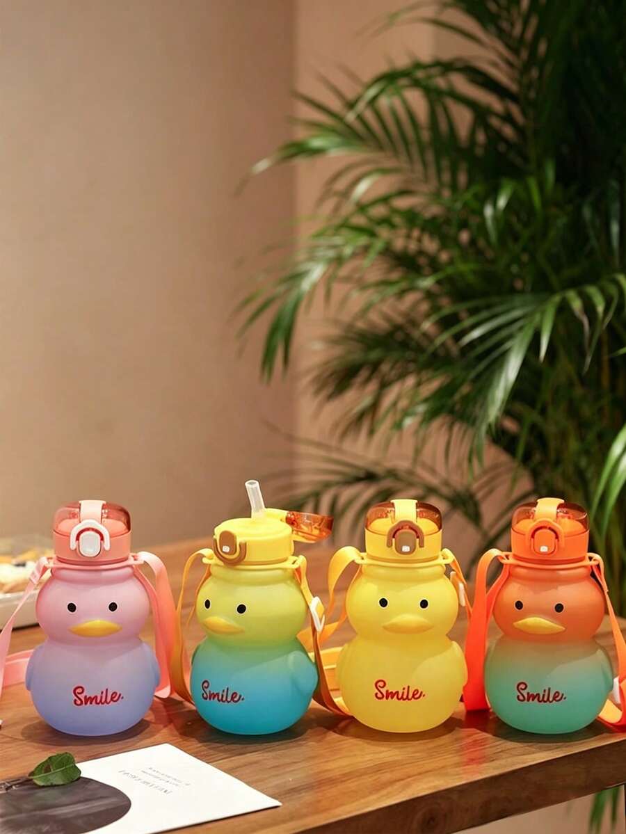 Cute Yellow Duck Water Cup, Summer Highly Attractive Creative Large Capacity Pop-Up Water Bottle With Straw, Plastic Big Belly Cup - Multicolor - View 1
