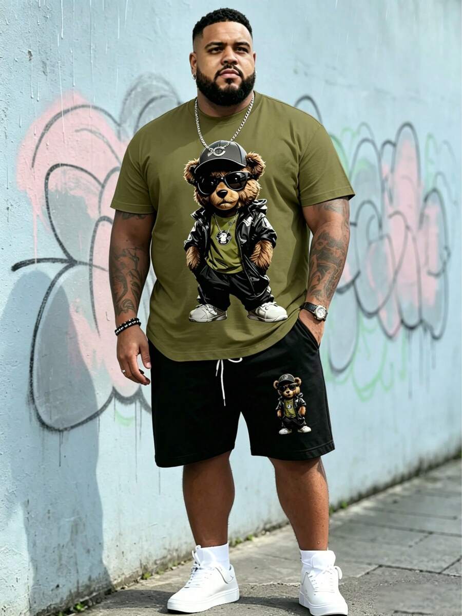 Men's Streetwear Casual Series " Leather Bear" Pattern Design Sportswear Set - Polyester Knit Fabric, Round Neck Design, Drawstring Shorts, Pocket Details, Regular Fit, Suitable For Plus Size - Olive Green - View 1