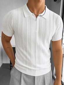 Blueprint Man 1pc Men's White Vertical Striped Textured Knit Polo Shirt, Half-Zip Placket, Ribbed Trim Design, Breathable Wrinkle-Resistant Knit Fabric, Comfortable Slim Fit Old Money Style Men's Top, Spring/Summer Commute, Light Business, Vacation Outfit - White - View 3
