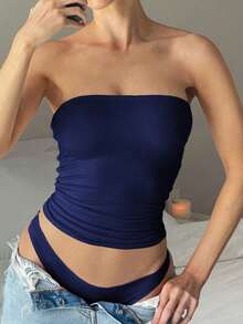 Women's Plus Size Summer Sexy Fitted Knit Tube Top Solid Color - Navy Blue - View 11