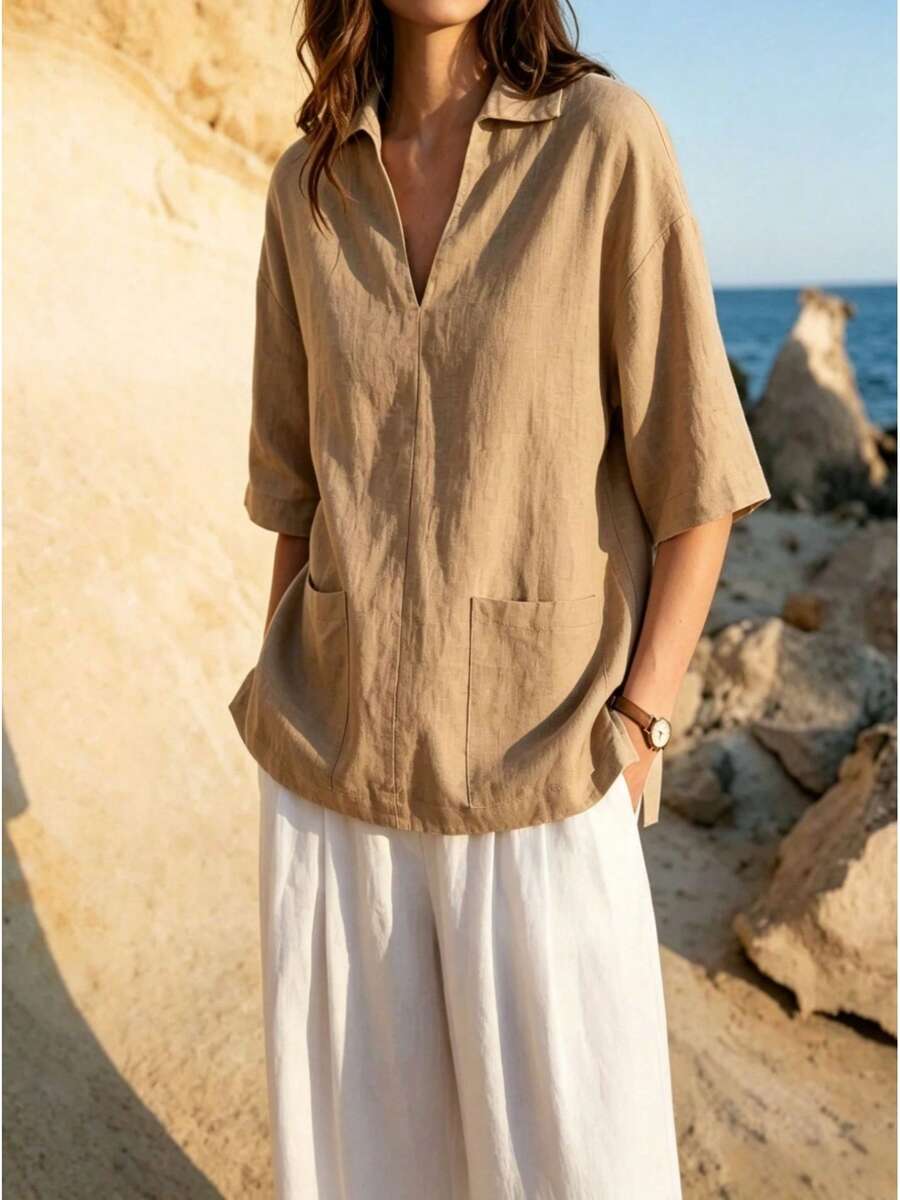 Camiseta casual de cuello para mujer en mezcla premium de algodón y lino - Caqui - Ver 1