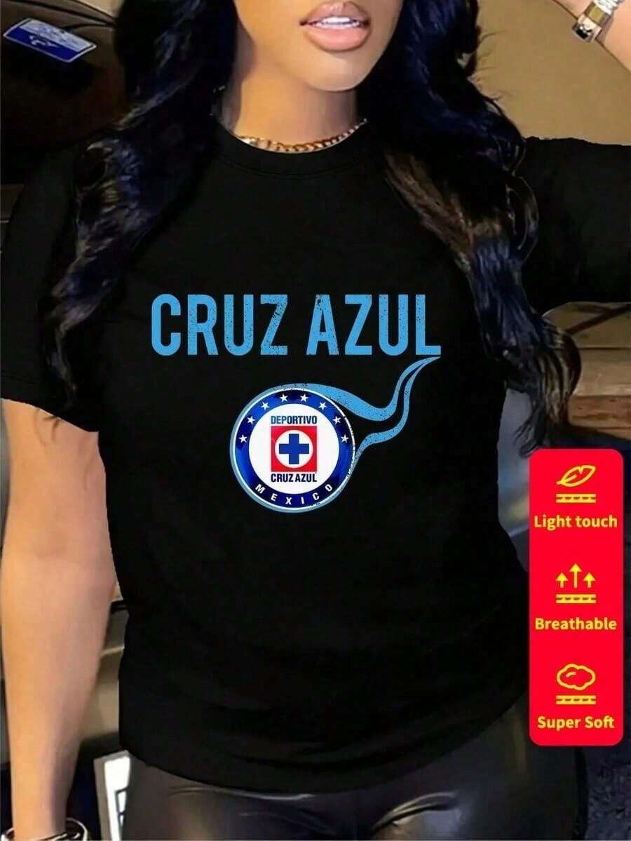 playeras de algodón mujer Camiseta de manga corta para mujer, cuello redondo, holgada, casual y versátil, nuevo estampado de CEMENTO CRUZ AZUL, ideal como capa base, tejido suave con buena c - Negro - Ver 1