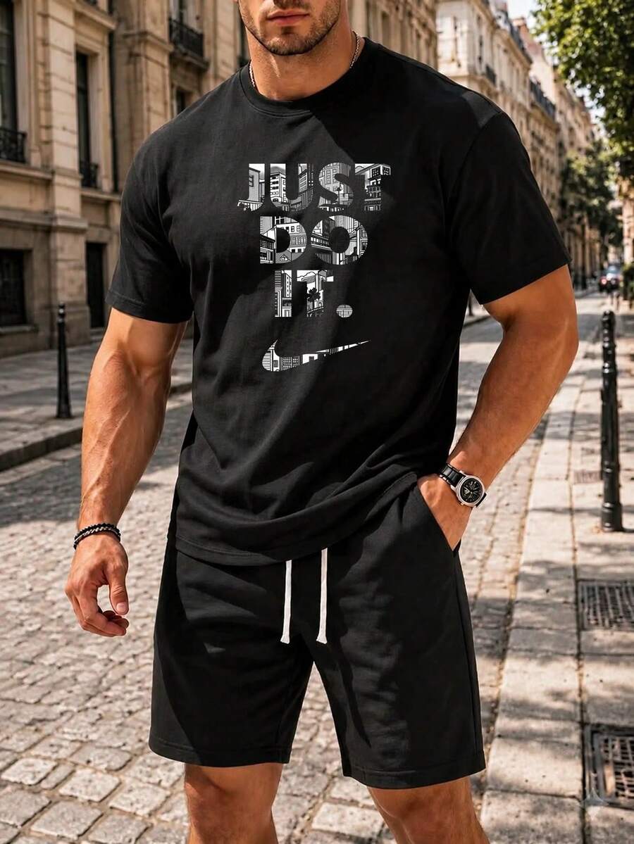 Men Athletic Style Print T-Shirt Active Casual Top - 黑色 - 查看 1