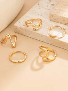 5Pcs Gold Adjustable Toe Ring Set, Asymmetric Wave Liquid Metal Open Foot Rings Women Summer Beach Fashion Jewelry - Gold - View 3