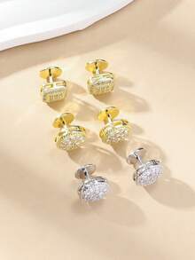 2pcs Business Luxury Style Cubic Zirconia Round Full Pave Decor Cufflinks Men's Daily Business Formal Suit Matching Gift - Multicolor - View 3