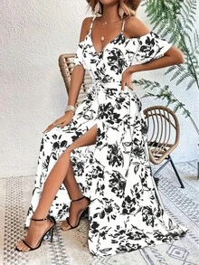 Vestido largo irregular sin tirantes, sexy, con estampado floral, para mujer, estilo europeo y americano, para playa. - Blanco - Ver 1