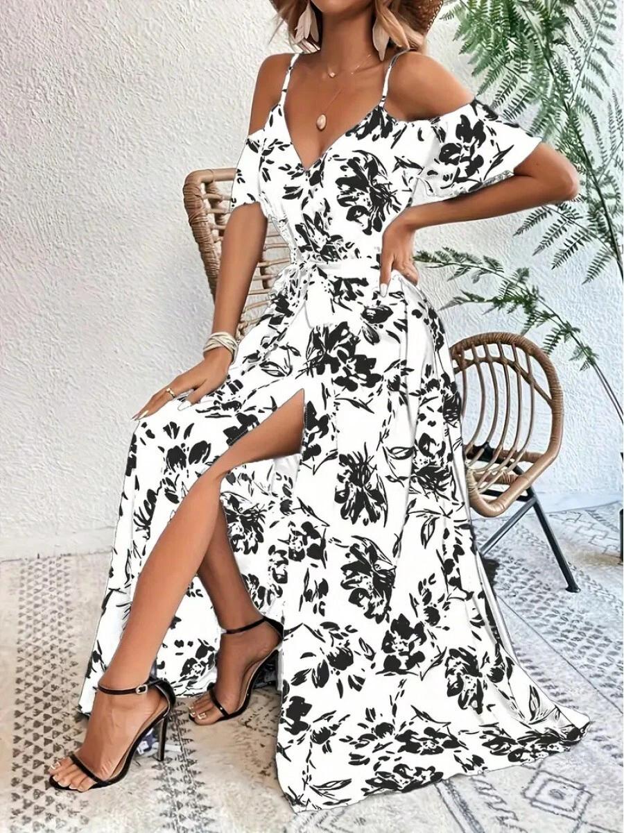 Vestido largo irregular sin tirantes, sexy, con estampado floral, para mujer, estilo europeo y americano, para playa. - Blanco - Ver 1