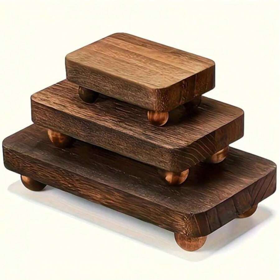 1/3 Set Brown Wooden Riser Stands, Stackable Rustic Farmhouse Kitchen Display Base, 3 Sizes, Home Kitchen Storage Decor Tray, Back To School Essential - Heavy Fired Color - View 1