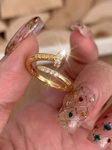 rundraw 1pc Adjustable Size Women's Stackable Ring, Inlaid With Cubic Zirconia, 18K Gold Plated, Twisted Design, Hypoallergenic, Adjustable To Size 7 - Gold - View 9