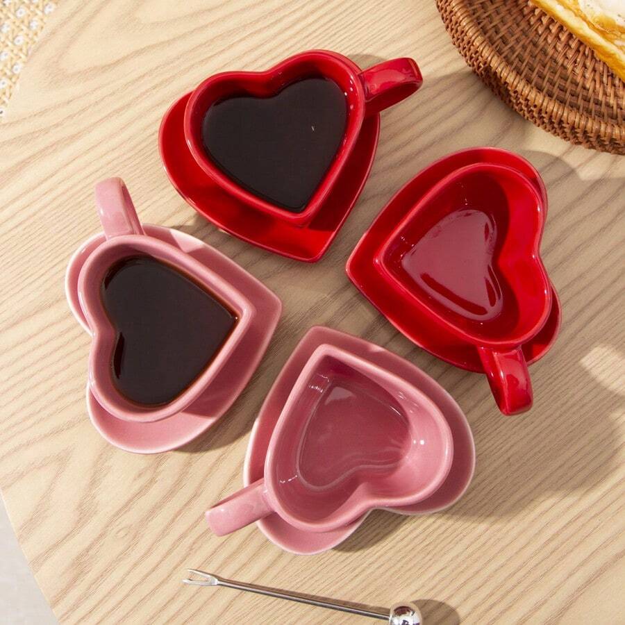 1 Set 120ml/4oz Cute Heart-Shaped Espresso Cup With Tray, Ceramic Coffee Cup Set, Suitable For Double Espresso, Macchiato, Long Black, Espresso, Romantic Gift For Valentine's Day, Anniversary, Wedding, Birthday