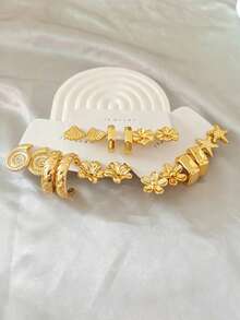 Timeless Ocean-Themed Gold Earrings, Flower Shell Geometric Multi-Style Face-Slimming Earring Set - Gold - View 8