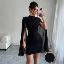 Women's Black Sheer Mesh Bodycon Dress With High Neck And Cape Sleeves, Modern And Sexy Women's Clothing. - 黑色 - 查看 3