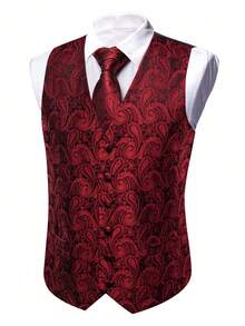 Conjunto de 5 piezas para hombre con chaleco, corbata, pajarita, pañuelo de bolsillo y gemelos en rojo con estampado paisley, traje formal para boda y fiesta de noche - Rojo - Ver 5