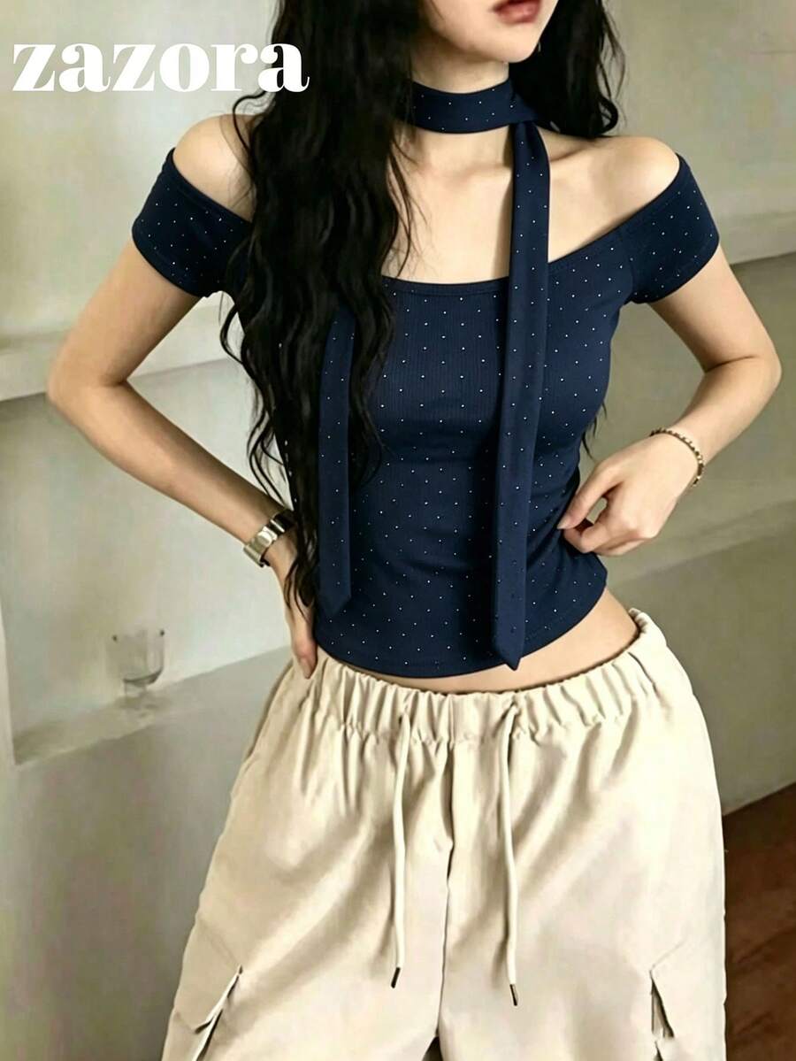 Vintage Sexy Hot Girl Rhinestone Embellished Collarbone Short Sleeve T-Shirt, Minimalist Sexy Sexy Slim Fit Top, Summer Clothing Casual - Navy Blue - View 1