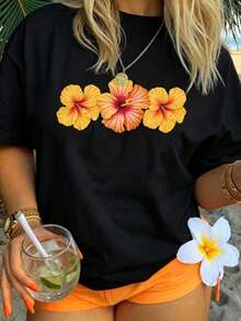 TopsNew - Camiseta Casual de Manga Corta para Mujer, Cuello Redondo, Estampado Floral, Estilo Sencillo y Elegante, Fresca para Primavera y Verano, Corte Holgado - Negro - Ver 1