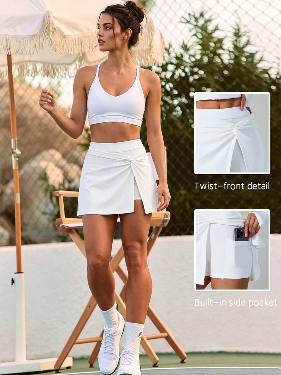 Women's High-Waist Tennis Skirt, Built-In Pockets Anti-Exposure Inner Lining Twist Design Sports Mini Skirt, Black Simple Versatile Skirt White - White - View 1