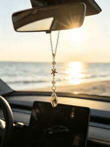 1pc Bohemian Style Ocean Shell Starfish Pearl Car Rearview Mirror Hanging Ornament, 6 Styles Beach Theme Metal Car Interior Pendant, Vehicle Windshield Decoration - A - View 11