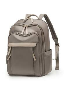 Women's Nylon Solid Color Quilted Large Capacity Versatile Backpack, Simple Casual Student Backpack, Storage Travel Bag, Commuter Bag - Khaki - View 6