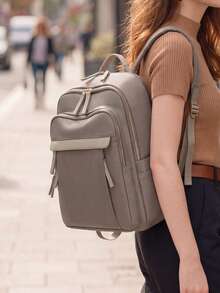 Women's Nylon Solid Color Quilted Large Capacity Versatile Backpack, Simple Casual Student Backpack, Storage Travel Bag, Commuter Bag - Khaki - View 4