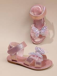 1 Pair Of Girls' 3D Mesh And Rhinestone Butterfly Glitter Hook And Loop Open-Toe Flat Sandals, Sweet Princess Style, Perfect For Everyday Summer Wear. - Pink - View 5